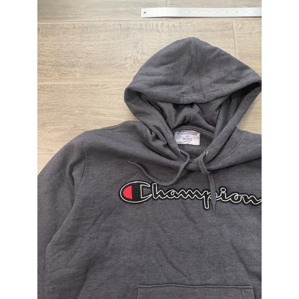 Champion Hoodie Mens Large Gray Script Logo Pullover Sweatshirt Embroidered - Picture 9 of 16